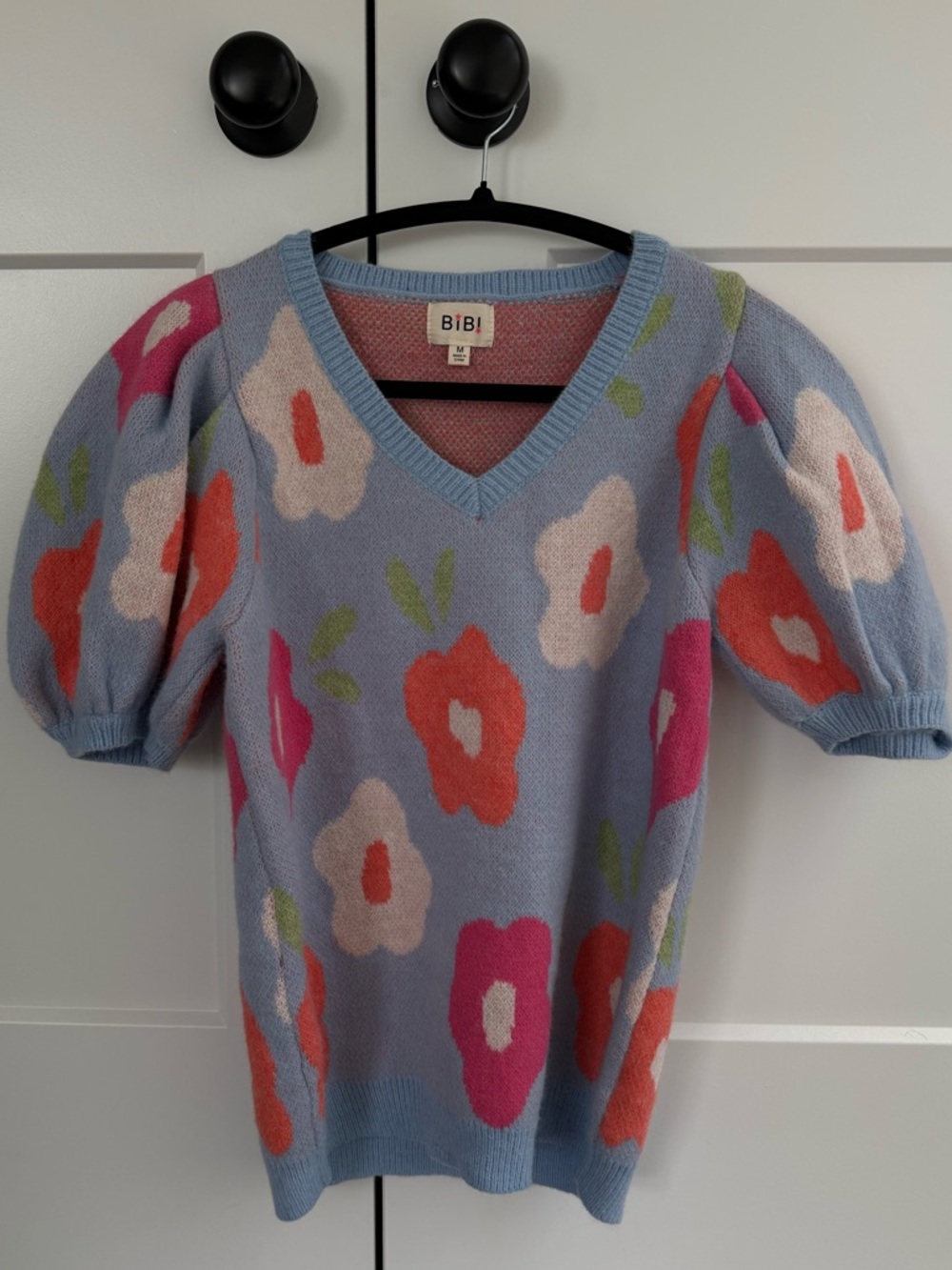 BiBi Pastel Blue V-Neck Floral Puff Sleeve Sweater